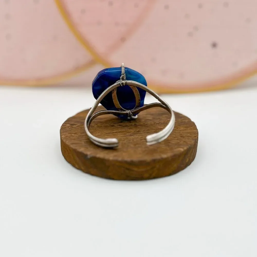 Sterling Silver 925 Blue Agate Cuff Bracelet Vintage Thailand Wire Wrapped